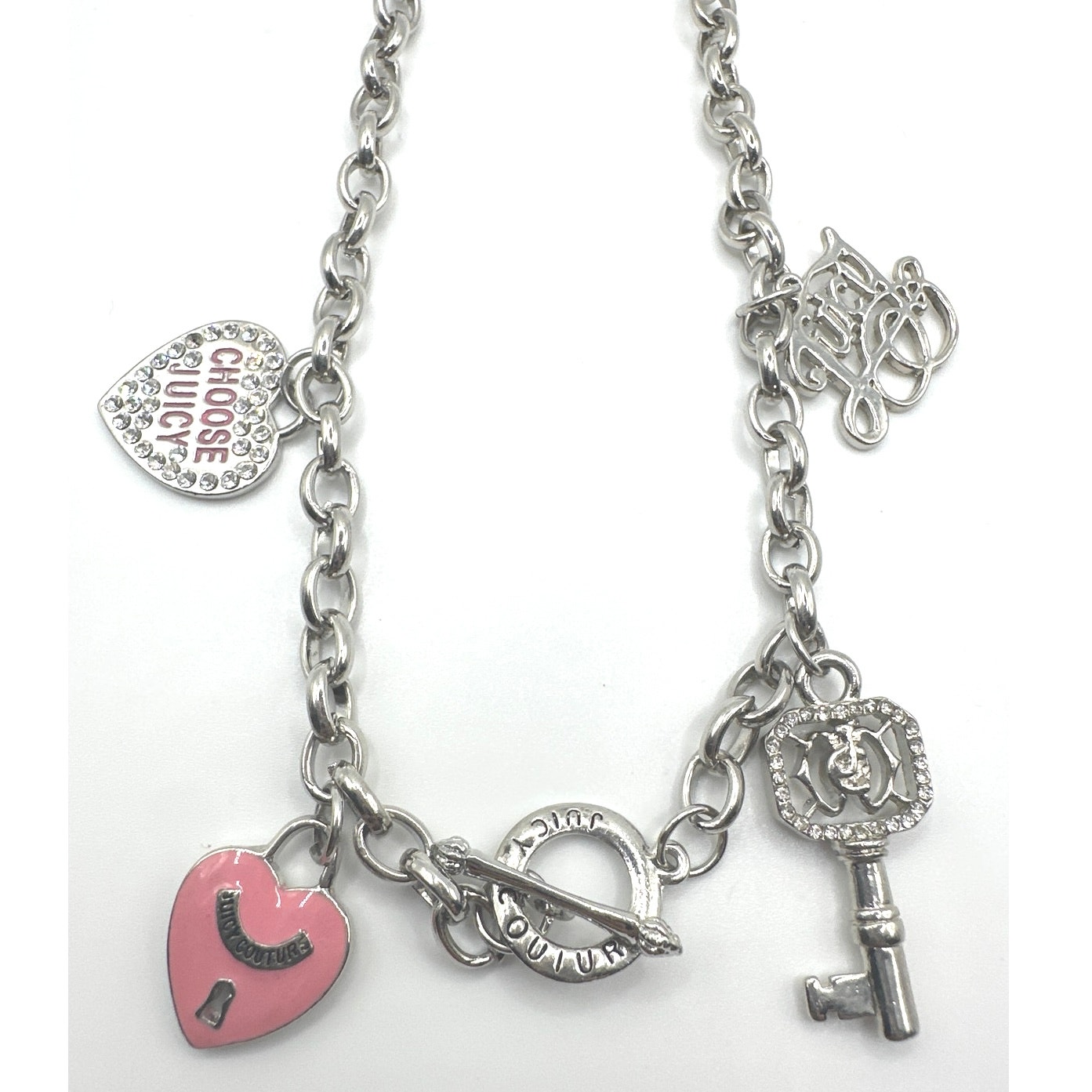 Juicy Couture Silver Tone NecklaceChoker Front Closure 4 Charms 16 Brand New 60$